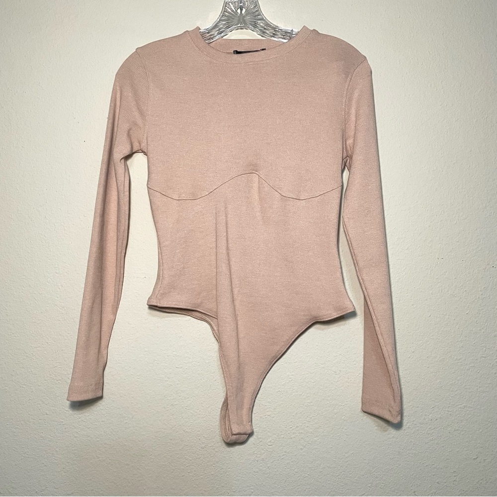 NWT Missguided Womens Corset Detail Ribbed Long Sleeve‎ Bodysuit Size 6 Sand